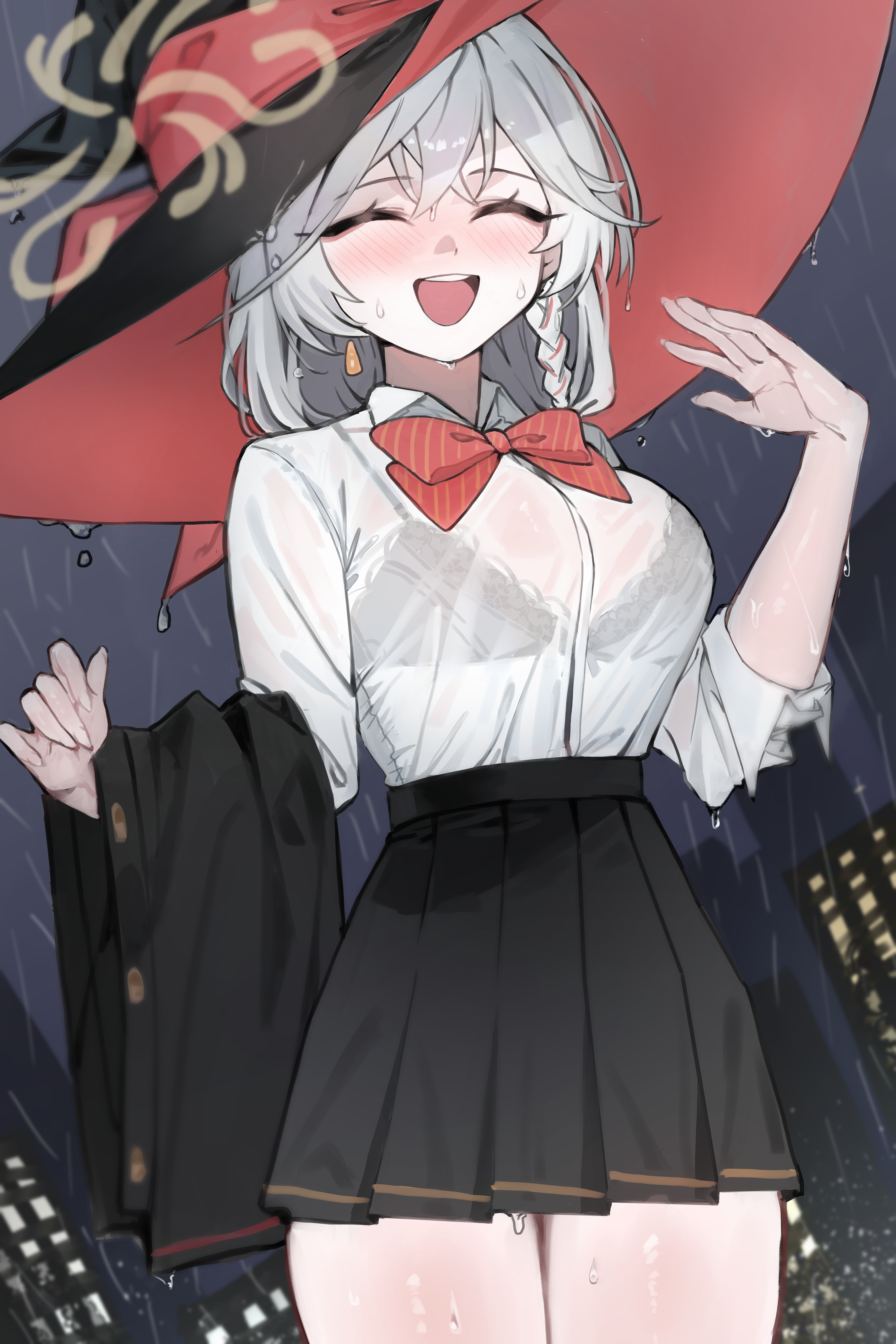 ka keo, eri (blue archive), blue archive, absurdres, commentary request, highres, 1girl, ^ ^, black bra, black hat, black jacket, black skirt, blush, bow, bowtie, bra, bra visible through clothes, braid, breasts, closed eyes, diagonal-striped bow, diagonal-striped bowtie, diagonal-striped clothes, dress shirt, elbow carry, grey hair, halo, hat, jacket, medium breasts, multicolored hair, outdoors, pleated skirt, rain, red bow, red bowtie, red hair, shirt, shirt tucked in, single braid, skirt, smile, solo, streaked hair, striped bow, striped bowtie, striped clothes, thighs, two-tone hair, underwear, unworn jacket, water drop, wet, wet clothes, white shirt, witch hat