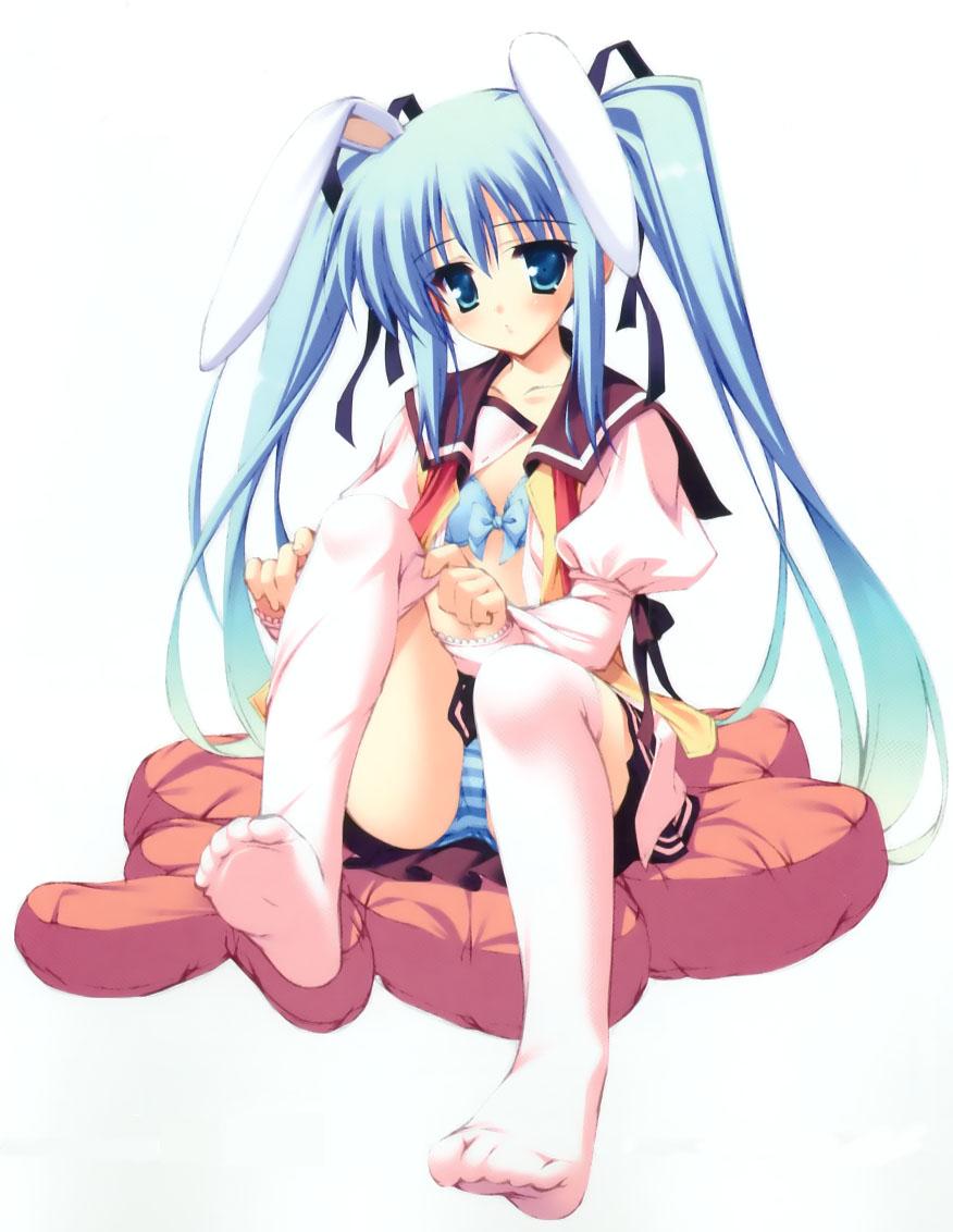 munyuu, katsuragi kotori, purely (game), jpeg artifacts, adjusting clothes, adjusting legwear, animal ears, aqua eyes, blue eyes, blue hair, bra, dressing, feet, flat chest, foot focus, gradient hair, hair ribbon, lingerie, long hair, multicolored hair, open clothes, open shirt, panties, pink thighhighs, rabbit ears, ribbon, school uniform, serafuku, shirt, sitting, socks, solo, striped clothes, striped panties, thighhighs, twintails, underwear