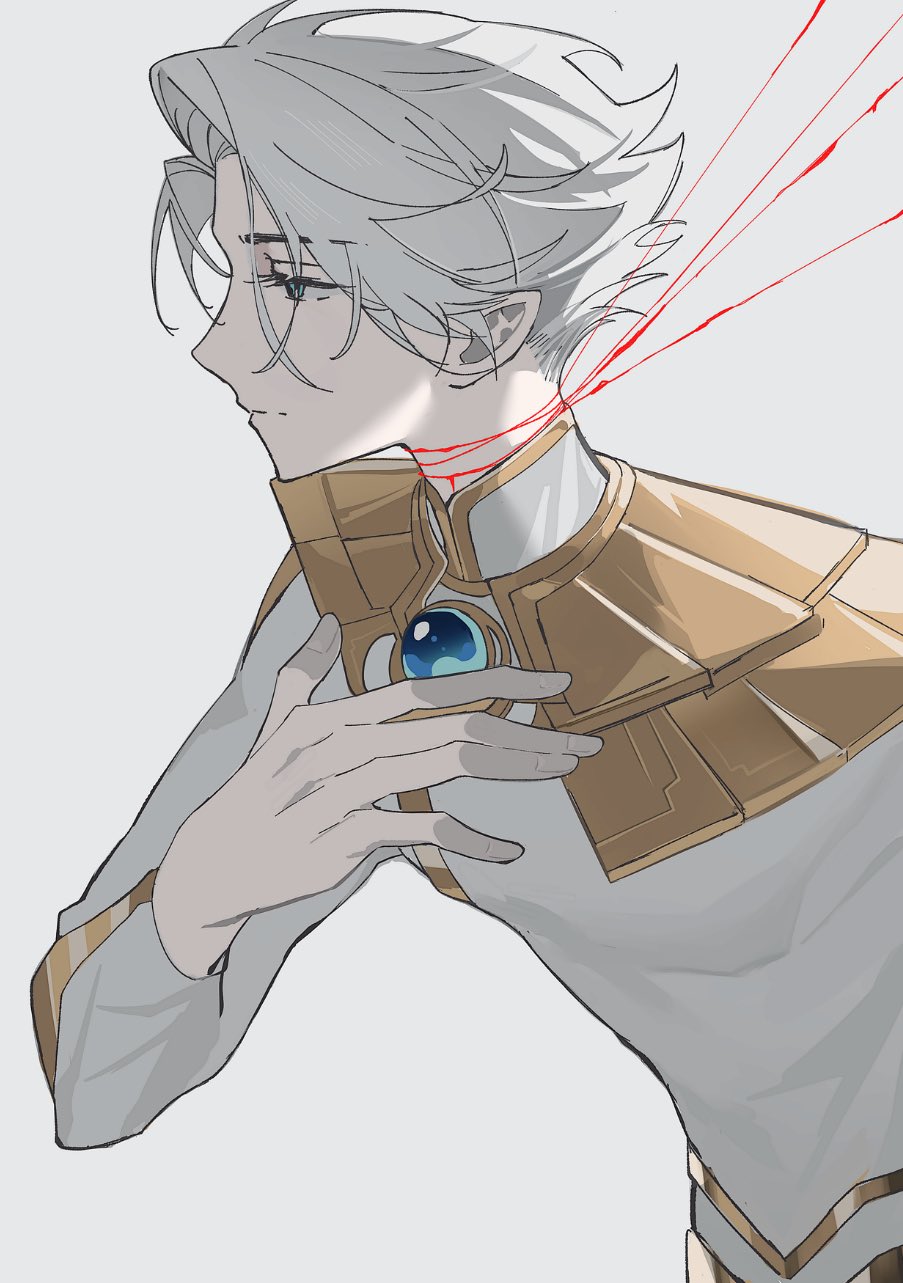 xian meng huanyou ji, nice (to be hero x), to be hero, to be hero x, highres, 1boy, blue eyes, brooch, capelet, curtained hair, from side, frown, hand up, imminent suicide, jewelry, male focus, noose, shirt, short hair, solo, string, upper body, white hair, white shirt