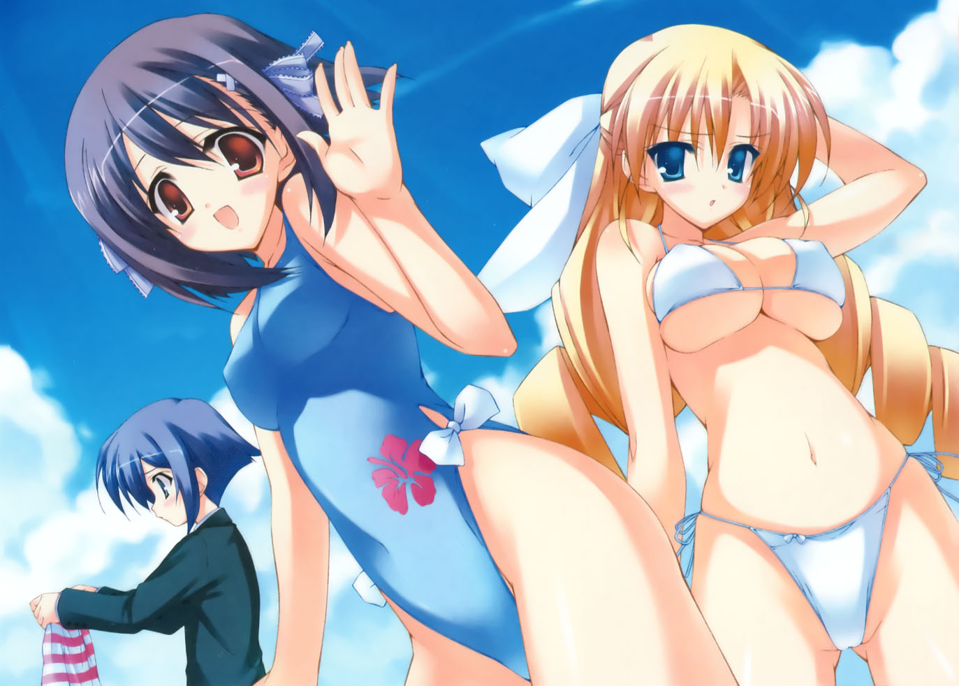munyuu, daichi kaoru, saikyou tomomi, sernia iori flameheart, ladies versus butlers!, 3girls, androgynous, bikini, blonde hair, blue eyes, blue hair, breasts, brown eyes, cloud, drill hair, large breasts, long hair, multiple girls, one-piece swimsuit, purple hair, reverse trap, ribbon, short hair, sky, swimsuit, underboob