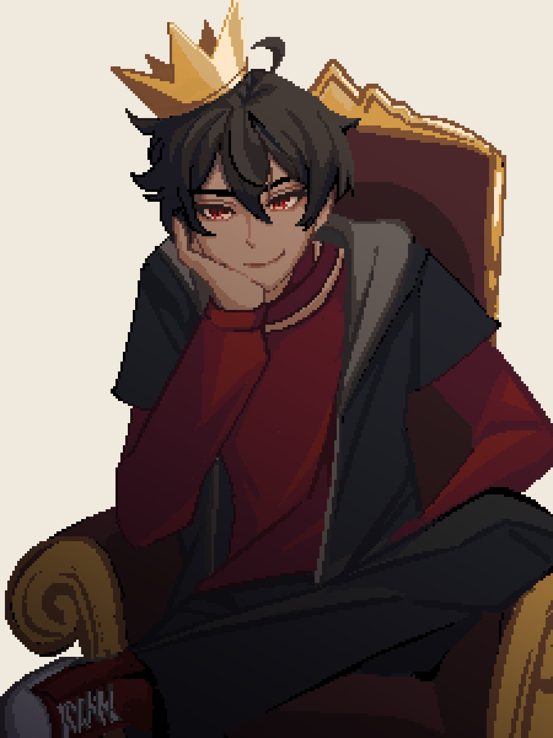 yiricannon, original, highres, 1boy, black jacket, black pants, black shoes, crown, dark skin, jacket, long sleeves, messy hair, open clothes, open jacket, pants, pixel art, red shirt, shirt, shoes, short hair, throne
