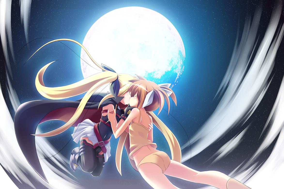 kazekawa nagi, fate testarossa, fate testarossa (lightning form), takamachi nanoha, lyrical nanoha, mahou shoujo lyrical nanoha, mahou shoujo lyrical nanoha a's, 00s, 2girls, blonde hair, brown hair, camisole, cape, closed eyes, gloves, hair ribbon, kiss, moon, multiple girls, night, night sky, panties, ribbon, sky, thighhighs, twintails, underwear, yuri