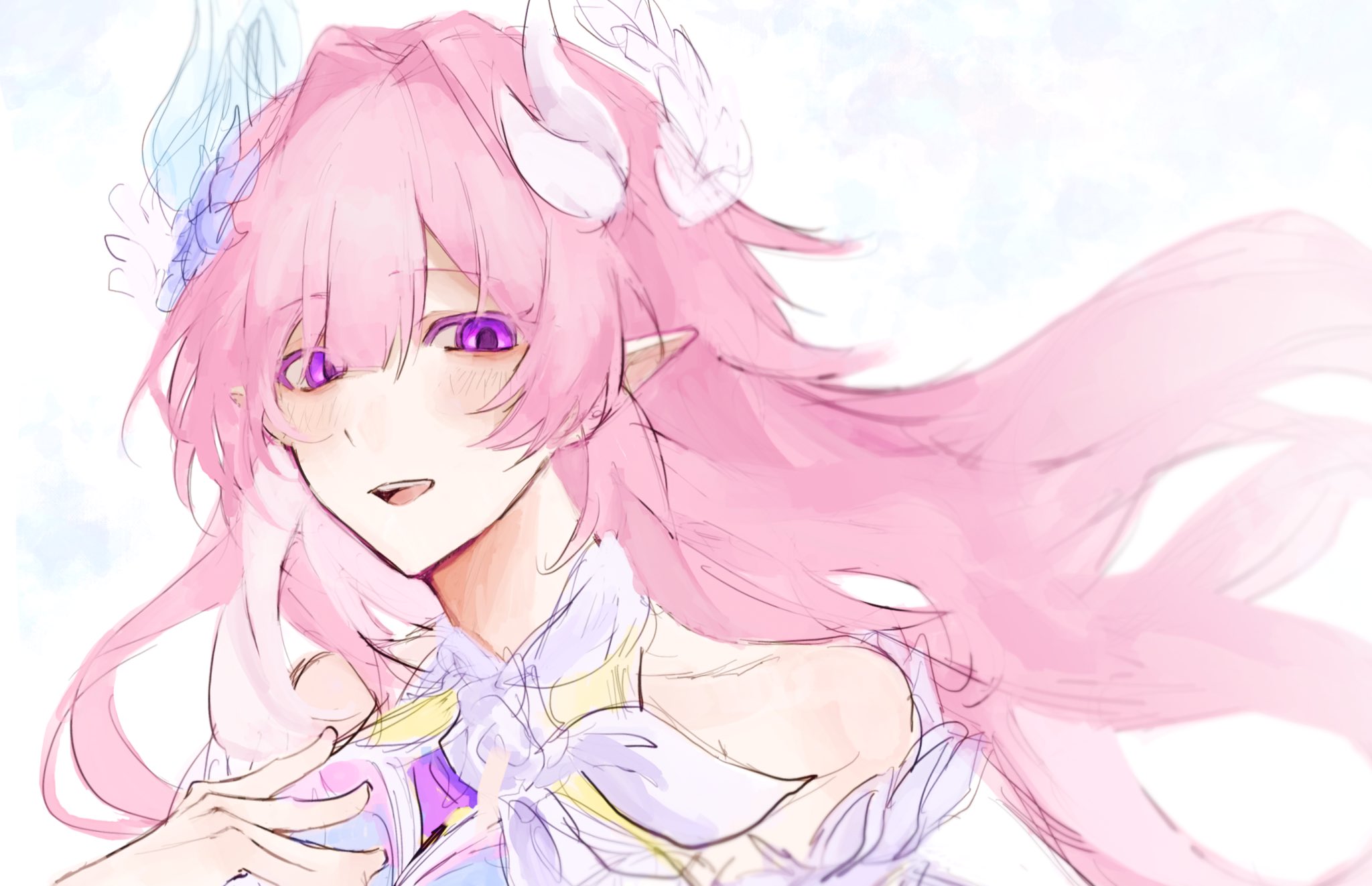 cyrene (honkai: star rail), cyrene (ripples of past reverie) (honkai: star rail), honkai: star rail, honkai (series), hashtag-only commentary, highres, 1girl, 2neco ocen2, bare shoulders, dress, flower, hair flower, hair ornament, long hair, looking at viewer, pink hair, pointy ears, purple eyes, simple background, solo, upper body, very long hair, white background, white dress