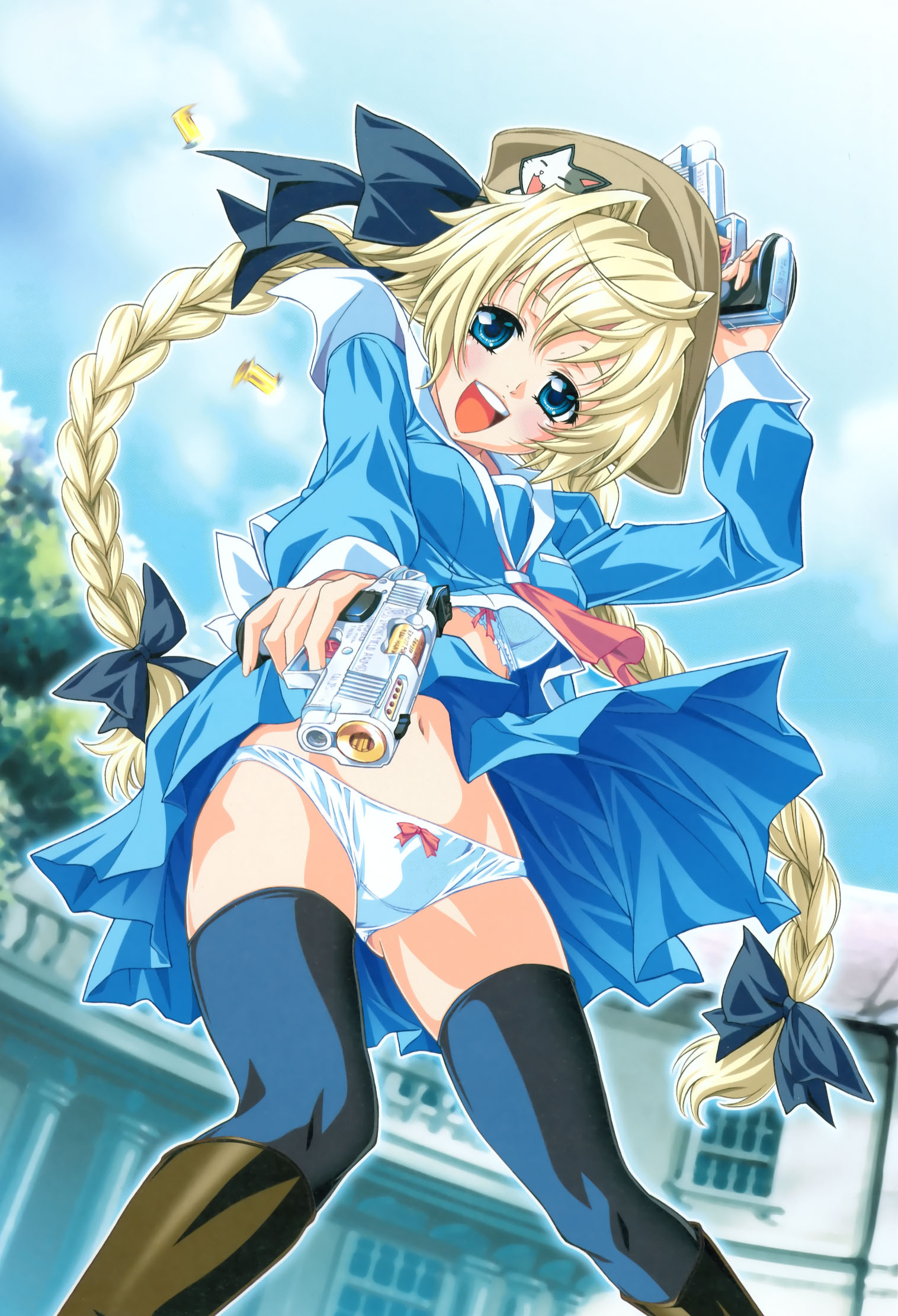 yokota mamoru, highres, blonde hair, blue eyes, blue thighhighs, blush, boots, bow, bow panties, bra, braid, cat, day, dual wielding, gun, hair bow, happy, hat, holding, lingerie, long hair, midriff, open mouth, outdoors, panties, public indecency, ribbon, school uniform, serafuku, shell casing, skirt, solo, thighhighs, twin braids, twintails, underwear, upskirt, very long hair, weapon, white panties, wind, wind lift