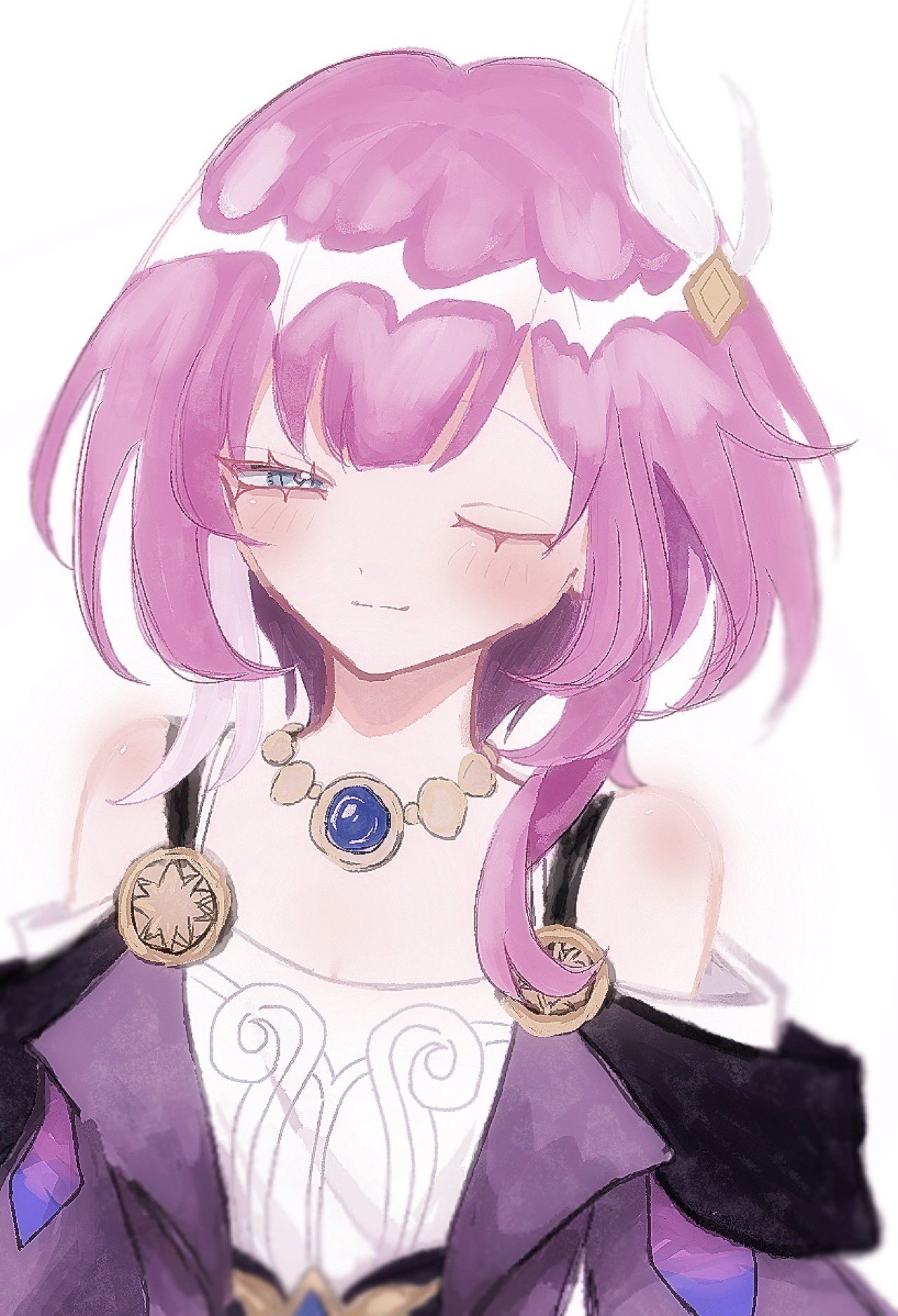 cyrene (honkai: star rail), honkai: star rail, honkai (series), hashtag-only commentary, highres, 1girl, ;), bare shoulders, blue eyes, breasts, coat, cyrene (aedes elysiae) (honkai: star rail), dress, hair ornament, jewelry, looking at viewer, multicolored hair, necklace, one eye closed, pink hair, purple coat, short hair, simple background, small breasts, smile, solo, t9gmx4, two-tone hair, white background, white dress, white hair