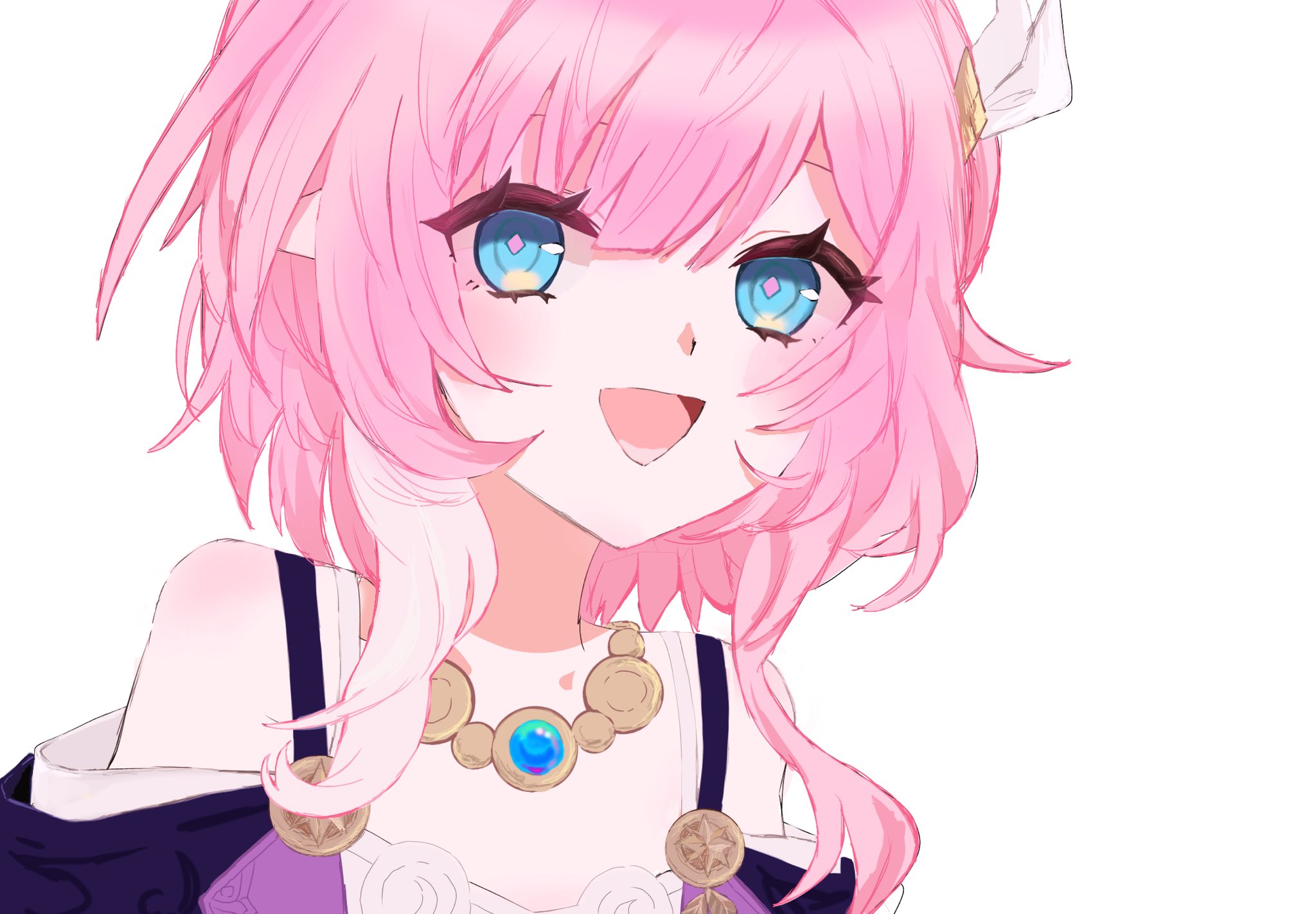cyrene (honkai: star rail), honkai: star rail, honkai (series), hashtag-only commentary, highres, 1girl, bare shoulders, blue eyes, breasts, coat, cyrene (aedes elysiae) (honkai: star rail), dress, hair ornament, jewelry, looking at viewer, multicolored hair, necklace, open mouth, pink hair, purple coat, simple background, small breasts, smile, solo, toari06149094, two-tone hair, upper body, white background, white dress, white hair