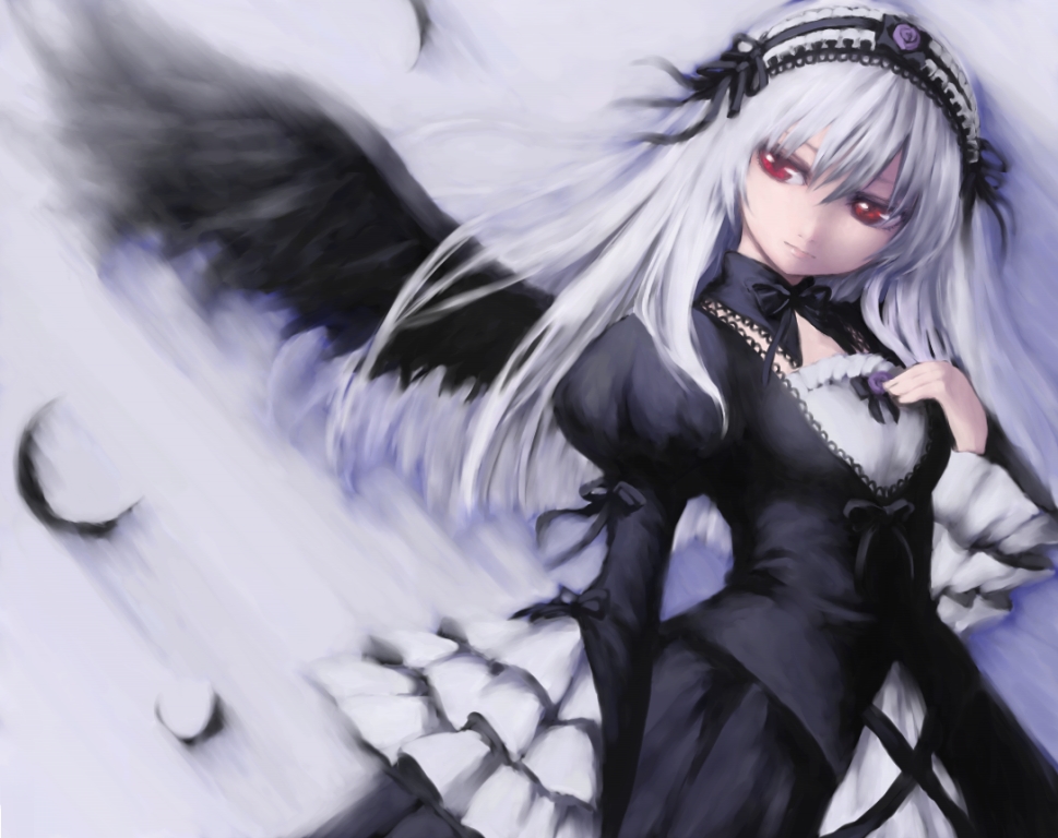 iseki, iseki (kuroshura no tabiji), iseki (otameshi), suigintou, rozen maiden, silver hair, 00s, 1girl, black wings, feathers, female focus, long hair, red eyes, solo, wings