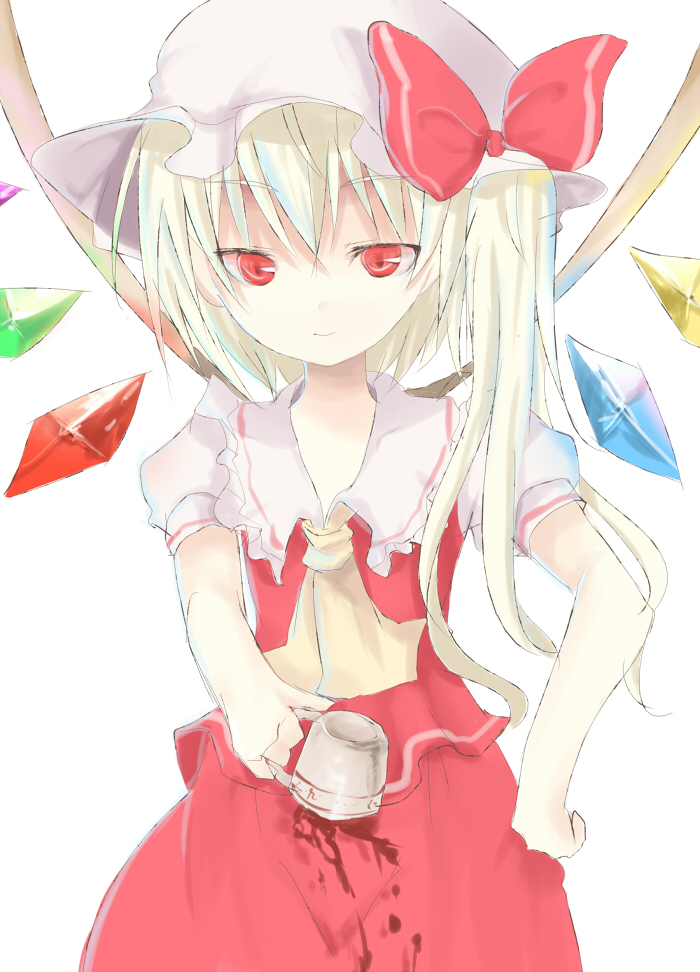 tetsuo (tashirosu), flandre scarlet, touhou, bad id, bad pixiv id, 1girl, blonde hair, cup, female focus, hat, mob cap, ponytail, red eyes, ribbon, short hair, simple background, solo, standing, white background, wings