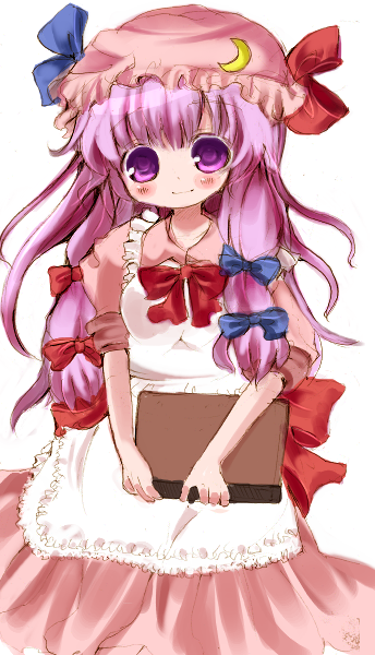 hime mirena, himemi rena, patchouli knowledge, touhou, bad id, bad pixiv id, 1girl, blush, book, female focus, hat, long hair, purple eyes, purple hair, ribbon, solo