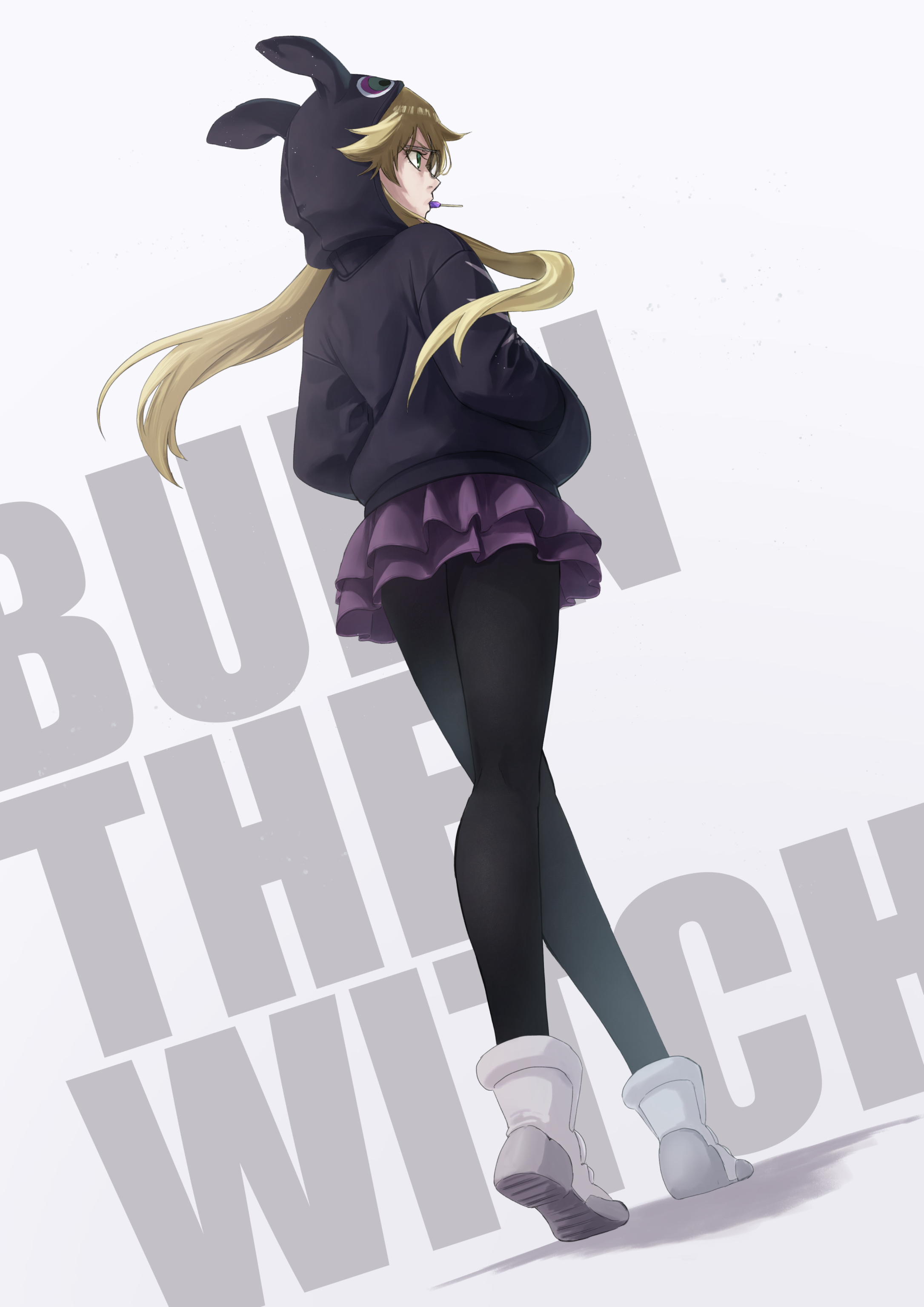 mitarashi (5333069), ninny spangcole, burn the witch, absurdres, highres, 1girl, animal hood, ankle boots, black hoodie, black pantyhose, blonde hair, boots, copyright name, from behind, full body, glasses, green eyes, hands in pockets, hood, hood up, hoodie, long hair, looking ahead, pantyhose, purple skirt, simple background, skirt, solo, walking, white boots