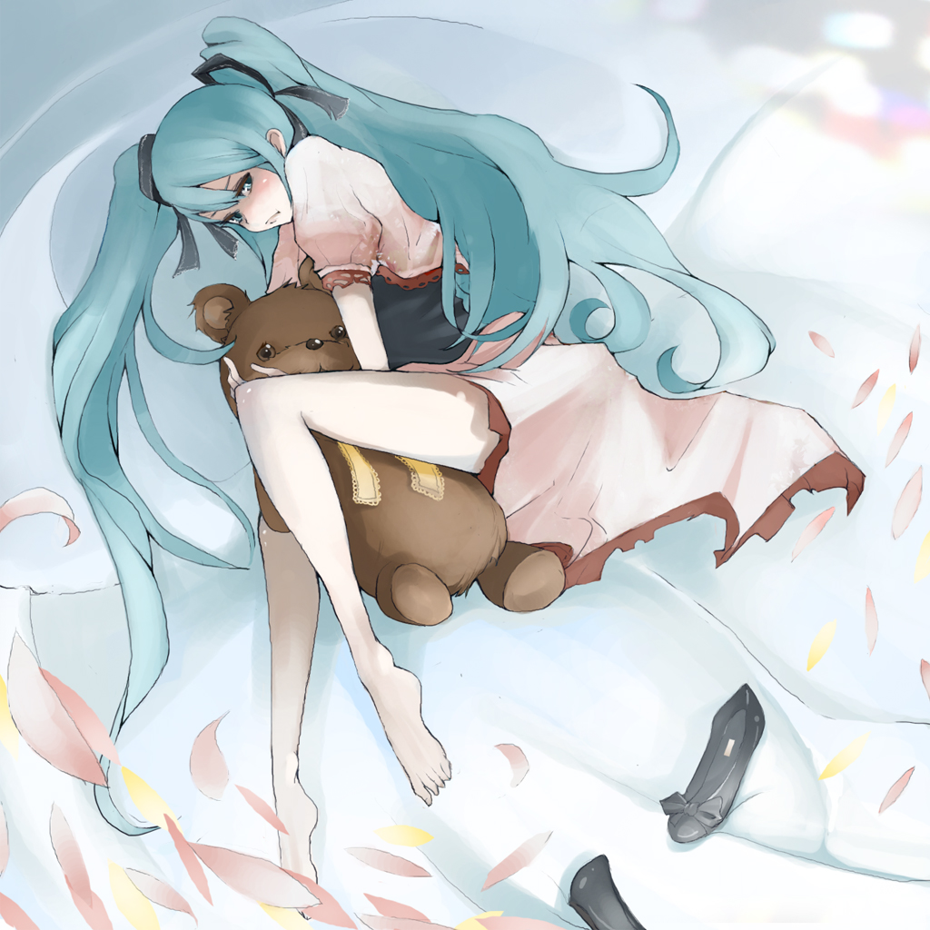 tansuke, hatsune miku, vocaloid, world is mine (vocaloid), barefoot, blue eyes, blue hair, dress, hugging object, legs, long hair, lying, pale skin, pillow, pillow hug, shoes, solo, stuffed animal, stuffed toy, teddy bear, twintails