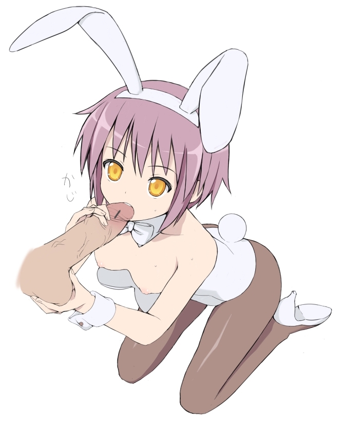 nnyu, nagato yuki, suzumiya haruhi no yuuutsu, bad id, bad pixiv id, 00s, 1girl, animal ears, caressing testicles, censored, fake animal ears, fellatio, flat chest, handjob, high heels, kneeling, nipples, oral, orange eyes, pantyhose, penis, playboy bunny, purple hair, rabbit ears, rabbit tail, short hair, solo focus, tail, testicles