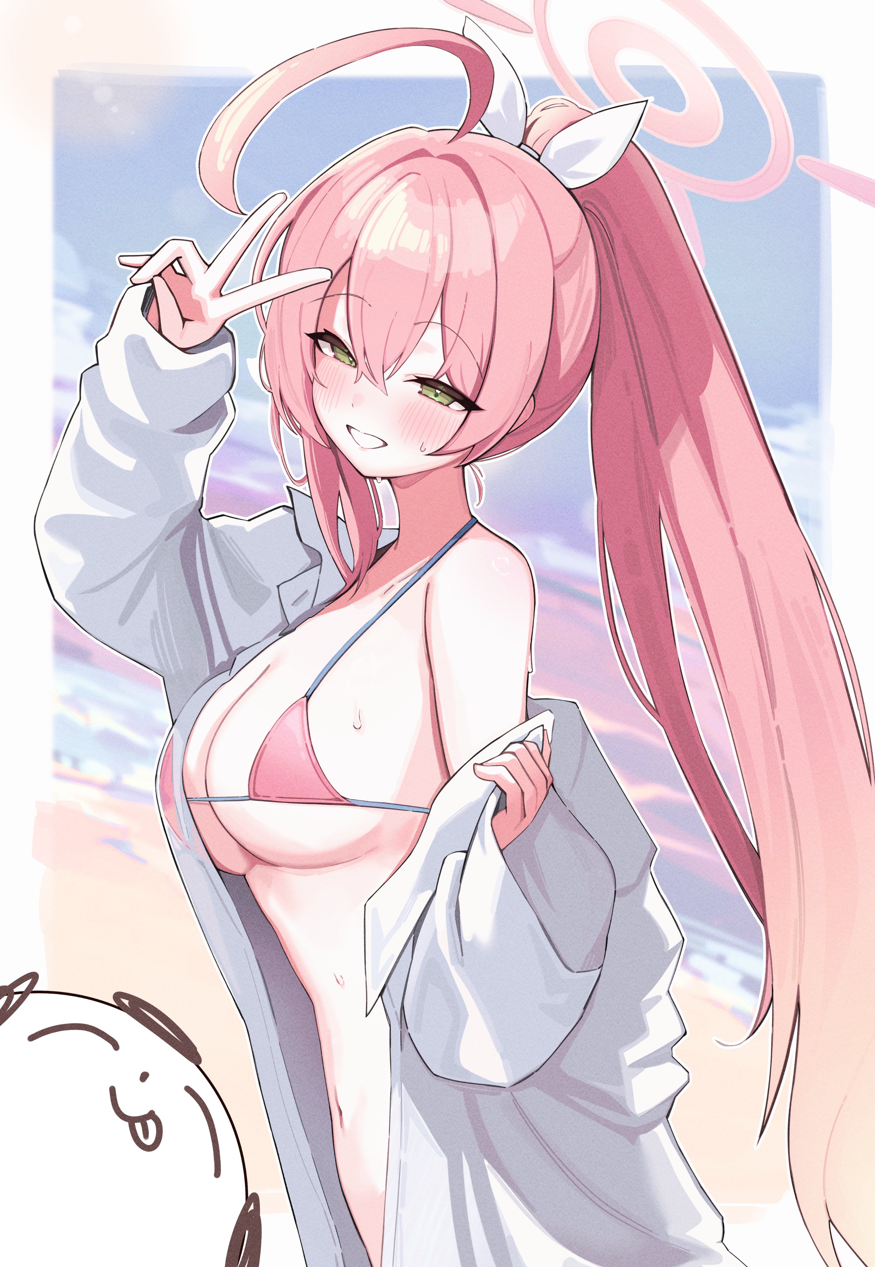 ximgyeon, doodle sensei (blue archive), hanako (blue archive), hanako (swimsuit) (blue archive), sensei (blue archive), blue archive, absurdres, highres, 1girl, :p, ahoge, alternate hairstyle, bikini, bikini under clothes, bow, breasts, cleavage, green eyes, grin, hair bow, halo, huge ahoge, large breasts, long hair, long sleeves, official alternate costume, oversized clothes, oversized shirt, pink bikini, pink hair, pink halo, shirt, smile, swimsuit, tongue, tongue out, v, white bow, white shirt