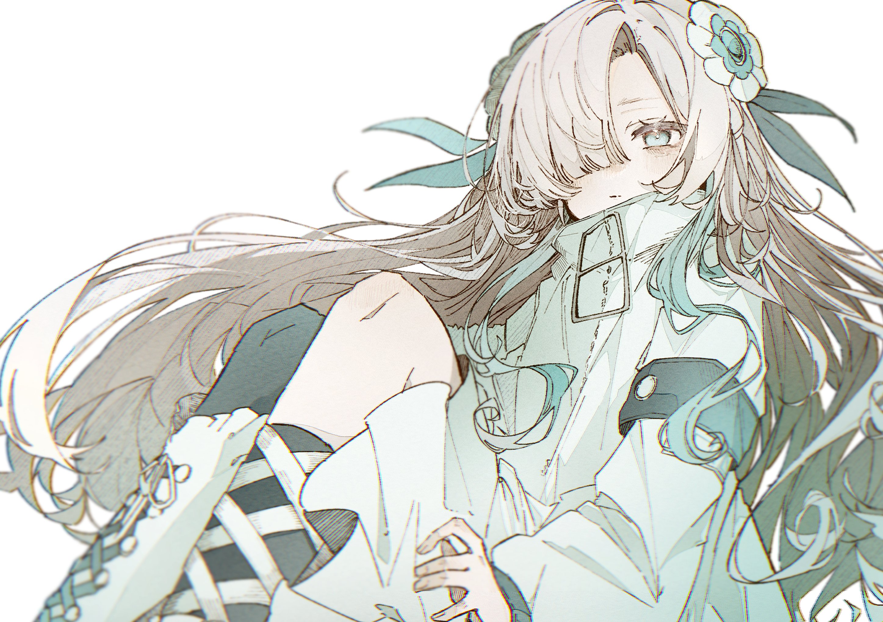 kokonama, isekaijoucho, kamitsubaki studio, highres, 1girl, asymmetrical footwear, asymmetrical legwear, blue eyes, blue flower, blue hair, boots, coat, dress, expressionless, feet out of frame, flower, grey hair, hair flower, hair ornament, hair over one eye, high collar, knees up, long hair, long sleeves, looking at viewer, multicolored hair, parted lips, simple background, sitting, solo, thighhighs, two-tone hair, virtual youtuber, white background, white coat, white dress, white hair