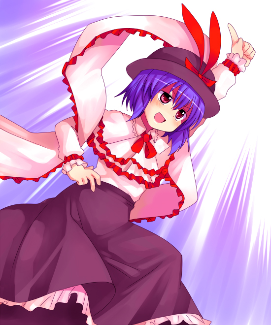 subaru (yachika), nagae iku, saturday night fever, touhou, 1girl, blue hair, capelet, female focus, hand on own hip, hat, red eyes, solo