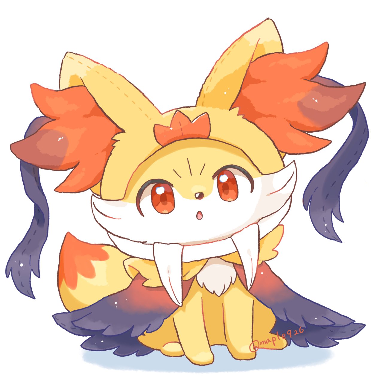 kana (maple926), delphox, fennekin, mega delphox, nintendo, pokemon, highres, animal ear fluff, cosplay, fox, full body, gen 6 pokemon, hood, hood up, mega delphox (cosplay), no humans, open mouth, pokemon (creature), pokemon focus, poncho, red eyes, simple background, snout, tail, yellow fur