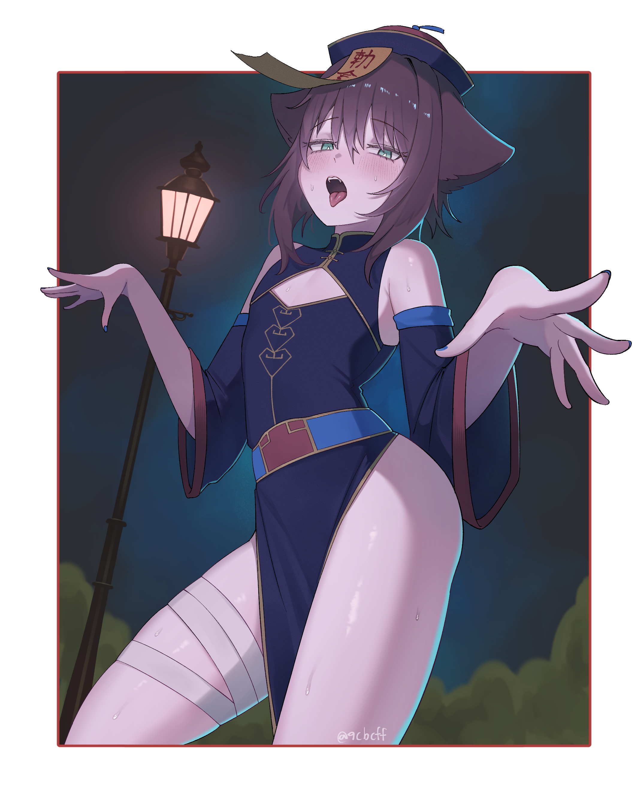 rat squeak, original, absurdres, commentary, english commentary, highres, 1boy, animal ears, bandaged leg, bandages, bare shoulders, blue eyes, blue nails, blush, border, brown hair, cat ears, china dress, chinese clothes, cowboy shot, detached sleeves, dress, hat, jiangshi costume, lamppost, looking at viewer, male focus, ofuda, ofuda on head, open mouth, outdoors, outside border, outstretched arms, pelvic curtain, qingdai guanmao, short hair, sleeveless, sleeveless dress, solo, sweat, thighs, tongue, tongue out, transparent border, trap, twitter username, zombie pose