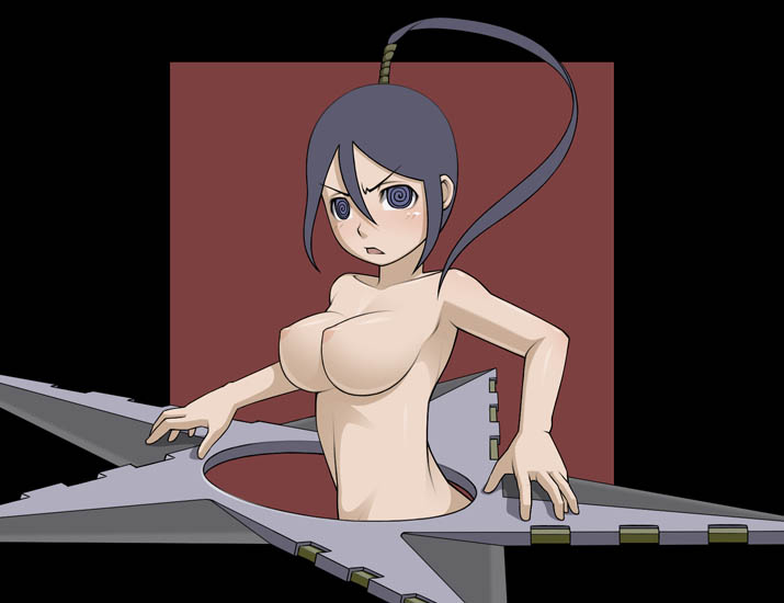 caryo, midori boushi, nakatsukasa tsubaki, soul eater, 00s, 1girl, @ @, breasts, female focus, large breasts, nipples, nude, shuriken, solo, weapon