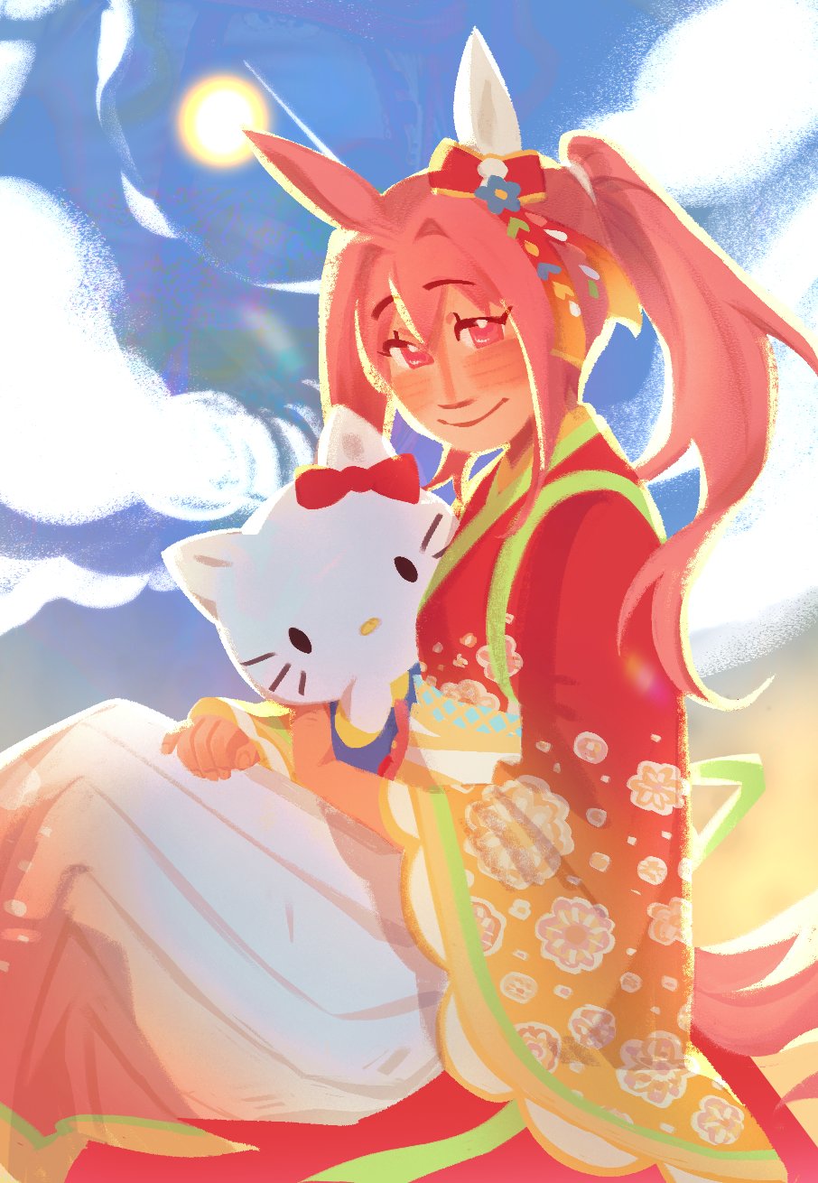 yaeccia, haru urara (first urara saku sakura) (umamusume), haru urara (umamusume), hello kitty (character), hello kitty, sanrio, umamusume, highres, 1girl, animal ears, blue sky, blush, bow, closed mouth, cloud, ear bow, ear covers, floral print, hakama, holding, horse ears, horse girl, horse tail, japanese clothes, kimono, long hair, long sleeves, looking at viewer, official alternate costume, pink eyes, pink hair, ponytail, red kimono, single ear cover, sky, smile, sun, tail, white hakama, wide sleeves