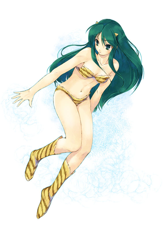 kirishima satoshi, lum, urusei yatsura, bad id, bad pixiv id, 1girl, animal print, boots, bra, cone horns, female focus, green eyes, green hair, horns, lingerie, long hair, matching hair/eyes, navel, panties, solo, stomach, tiger print, underwear, underwear only, yellow horns