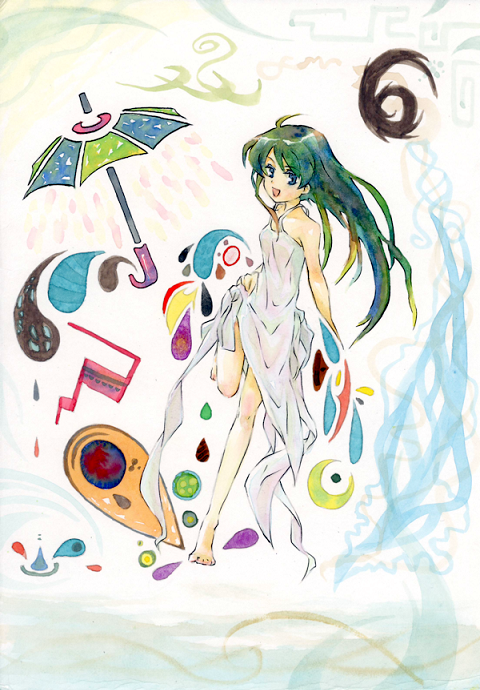 naiya, original, bad id, bad pixiv id, traditional media, blue eyes, dress, green hair, long hair, solo