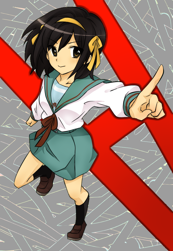 naiya, suzumiya haruhi, suzumiya haruhi no yuuutsu, bad id, bad pixiv id, 00s, perspective, pointing, school uniform, serafuku, solo