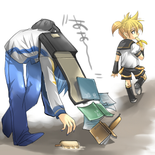 xxxxchild, kagamine len, kaito (vocaloid), vocaloid, bad id, bad piapro id, bad pixiv id, lowres, 2boys, banana, blonde hair, blue hair, book, dropping, food, fruit, ice cream, male focus, multiple boys