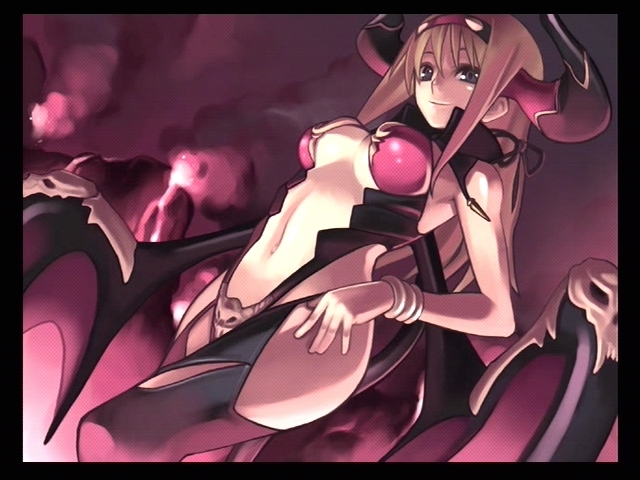 nagi ryou, aurica nestmile, ar tonelico, ar tonelico i, gust, game cg, official art, 00s, 1girl, alternate costume, bat wings, bracelet, breasts, brown hair, demon girl, female focus, from below, horns, jewelry, large breasts, long hair, skull, smile, solo, thighhighs, underboob, wings