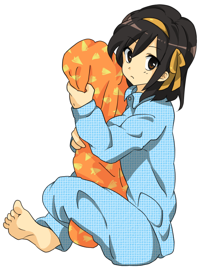 naiya, suzumiya haruhi, suzumiya haruhi no yuuutsu, bad id, bad pixiv id, 00s, brown hair, feet, hug, hugging object, pajamas, pillow, pillow hug, ribbon, soles, solo