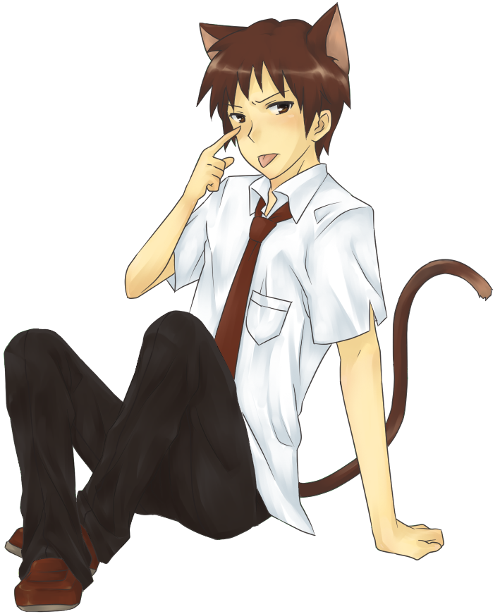 naiya, kyon, suzumiya haruhi no yuuutsu, bad id, bad pixiv id, :p, animal ears, blouse, brown hair, cat boy, cat ears, cat tail, cosplay, male focus, necktie, school uniform, serafuku, shirt, solo, tail, tongue, tongue out, white shirt