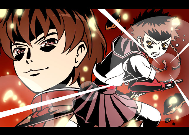 bm03, kanzaki reito, minagi mikoto, my-hime, tengen toppa gurren lagann, beam, light, 1boy, 1girl, brown hair, fighting stance, letterboxed, looking at viewer, parody, pleated skirt, powering up, red skirt, shaded face, short hair, skirt, style parody