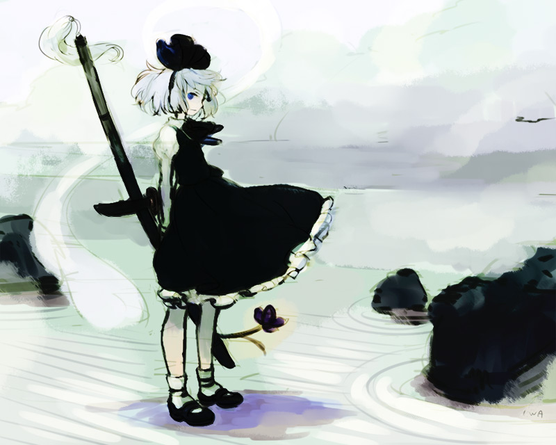 iwamoto zerogo, konpaku youmu, konpaku youmu (ghost), touhou, 1girl, black bow, black shoes, black skirt, black vest, blue eyes, bow, dress, female focus, flower, frilled dress, frills, garden, hairband, hitodama, holding, holding weapon, puffy short sleeves, puffy sleeves, rock, rock garden, sand, shadow, shoes, short hair, short sleeves, skirt, skirt set, socks, solo, standing, sword, tassel, transparent, vest, weapon, white socks, wind