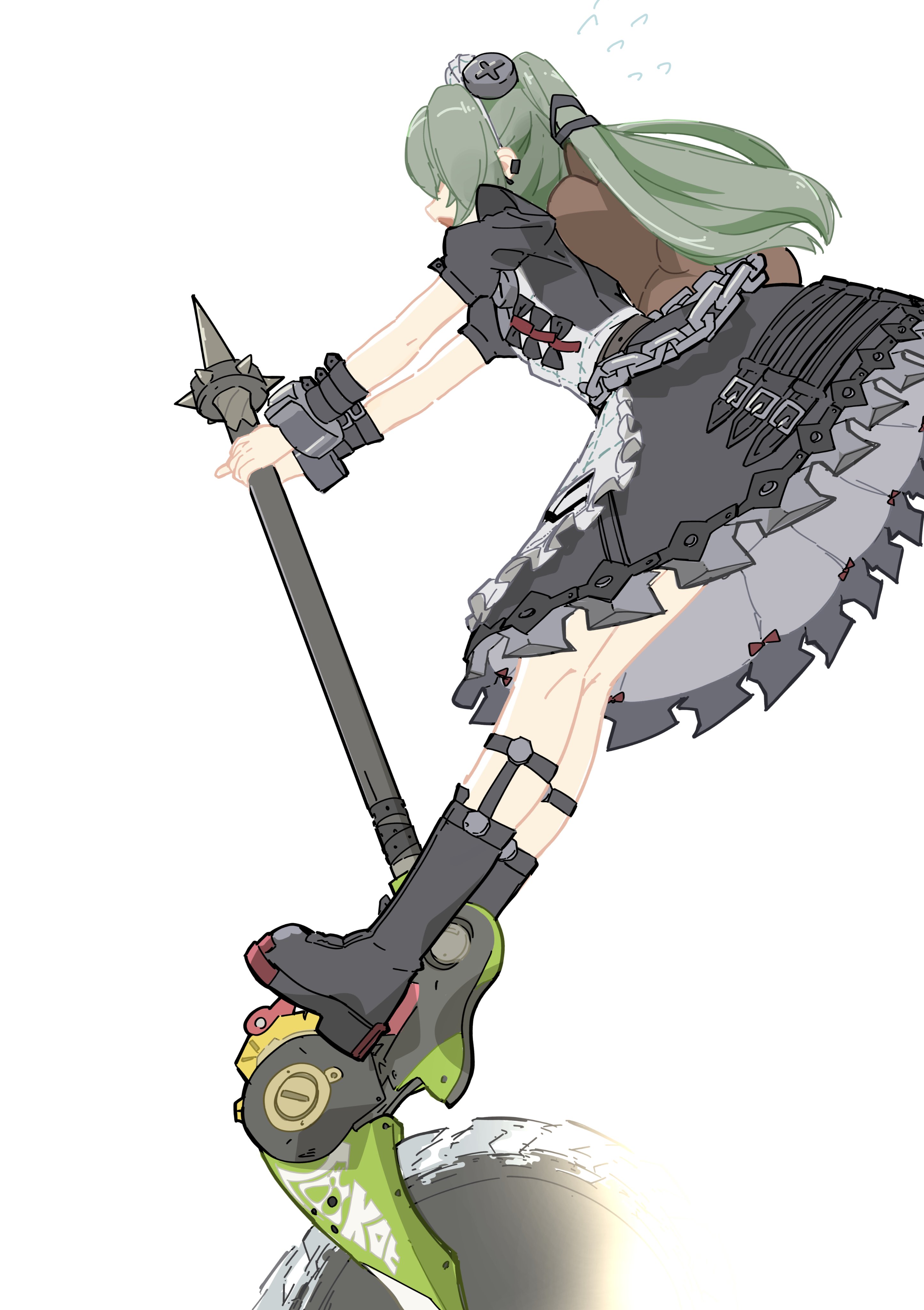 wokyu (houkago no megane), corin wickes, zenless zone zero, absurdres, commentary request, highres, 1girl, animal bag, bear bag, black boots, black dress, boots, chain, circular saw, cuffs, dress, flying sweatdrops, from below, full body, green hair, knee boots, long hair, maid, maid headdress, open mouth, saw, screw hair ornament, simple background, solo, standing on weapon, twintails, white background