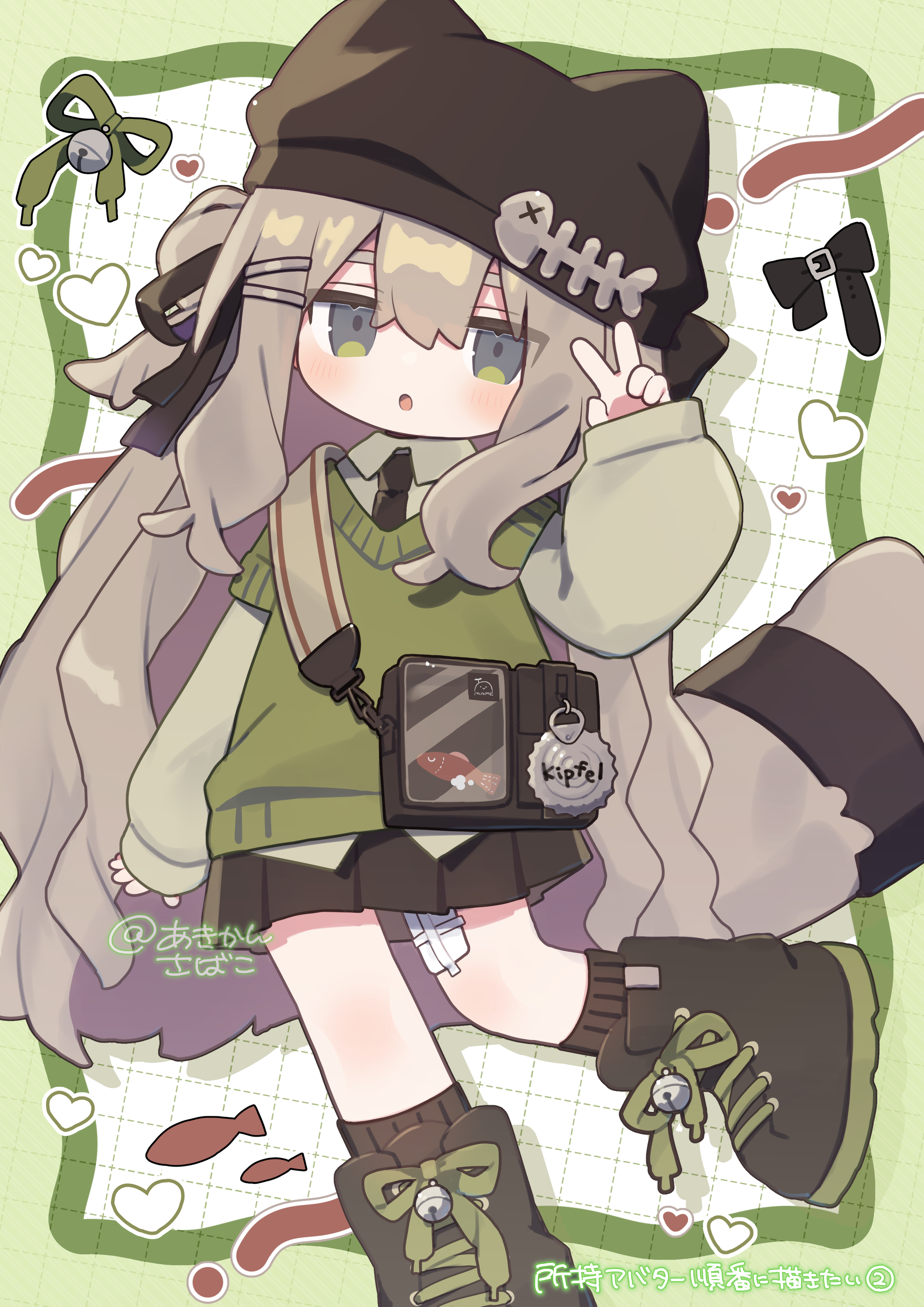 akikan sabako, kipfel (vrchat), vrchat, absurdres, commentary request, highres, 1girl, :o, animal hat, artist name, bag, bandaid, bandaid on leg, beanie, black boots, black bow, black hat, black necktie, black skirt, black socks, blush, boots, border, bow, brown hair, cat hat, collared shirt, double-parted bangs, fish skeleton hat ornament, foot out of frame, green border, green eyes, green ribbon, green shirt, green sweater vest, grid background, hair between eyes, hand up, hat, lace-up boots, long hair, long sleeves, looking at viewer, necktie, open mouth, outside border, pleated skirt, ribbon, shirt, shoulder bag, skirt, socks, solo, standing, standing on one leg, sweater vest, v, white background
