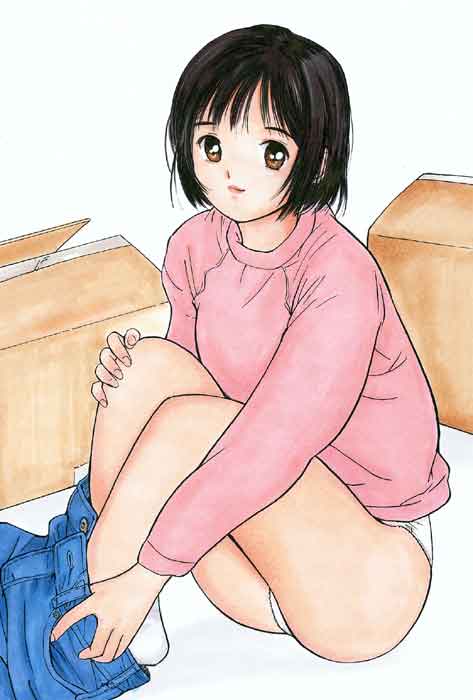 tanaka yutaka, shoya virgin night, jpeg artifacts, 1girl, black hair, box, brown eyes, denim, female focus, jeans, panties, pants, short hair, sitting, smile, socks, solo, underwear, undressing, white panties