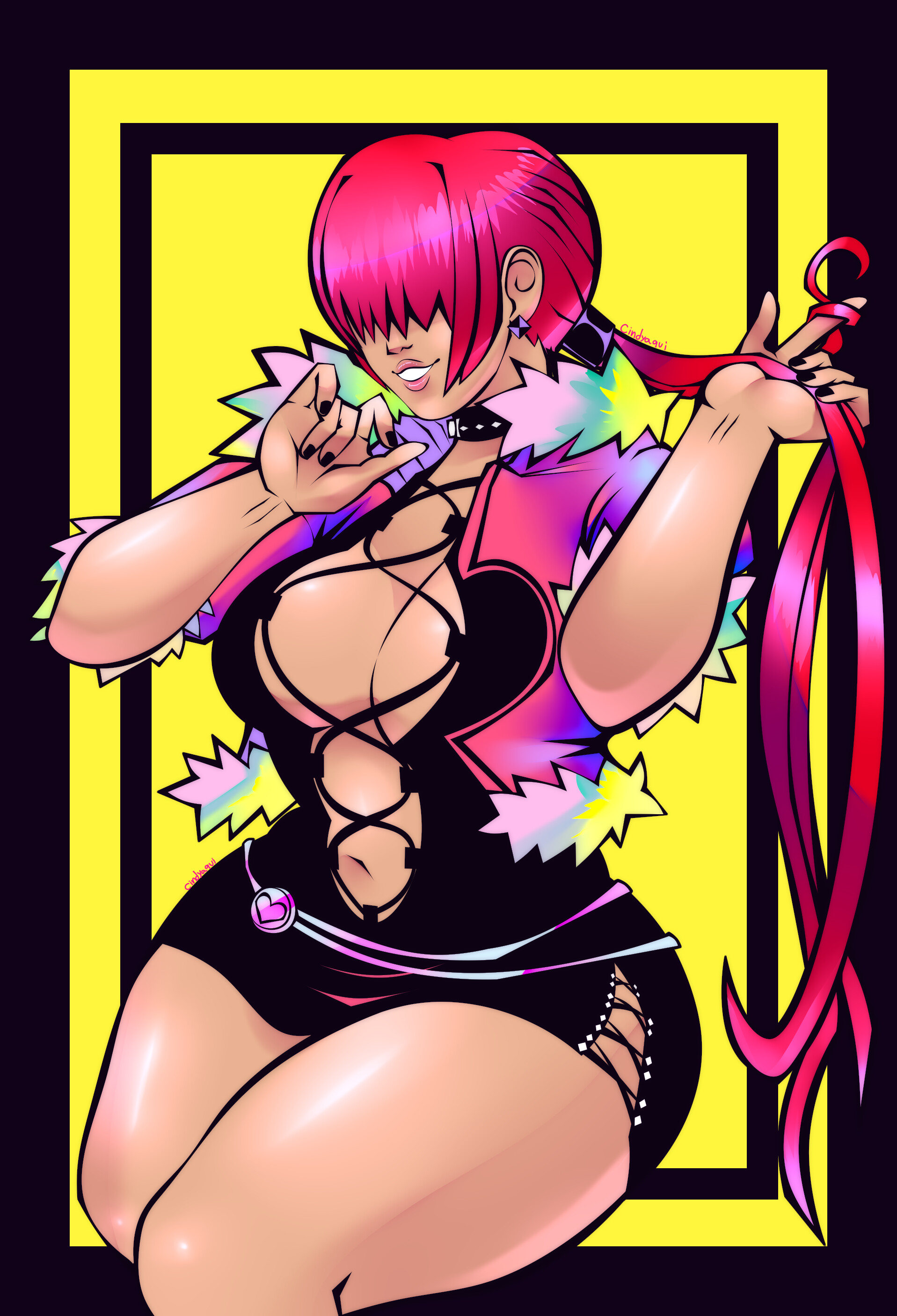 cindyaqui, shermie (kof), the king of fighters, the king of fighters xv, absurdres, highres, 1girl, breasts, cleavage, cleavage cutout, clothing cutout, curvy, dress, earrings, female focus, fishnets, fluffy, hands up, heart, huge breasts, jacket, jewelry, large breasts, long hair, no bra, red hair, shiny clothes, shiny skin, skirt, smile, smiley face, thick thighs, thighs, twintails, wide hips