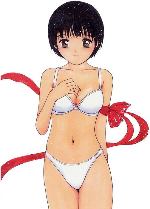 tanaka yutaka, shoya virgin night, 1girl, bikini, black hair, bra, breasts, brown eyes, cleavage, female focus, lingerie, navel, panties, ribbon, short hair, smile, solo, swimsuit, underwear, white bikini, white bra, white panties