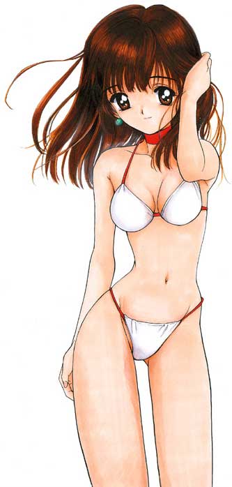 tanaka yutaka, shoya virgin night, jpeg artifacts, 1girl, adjusting hair, bikini, breasts, brown eyes, brown hair, choker, cleavage, earrings, female focus, jewelry, long hair, navel, simple background, smile, solo, swimsuit, white bikini
