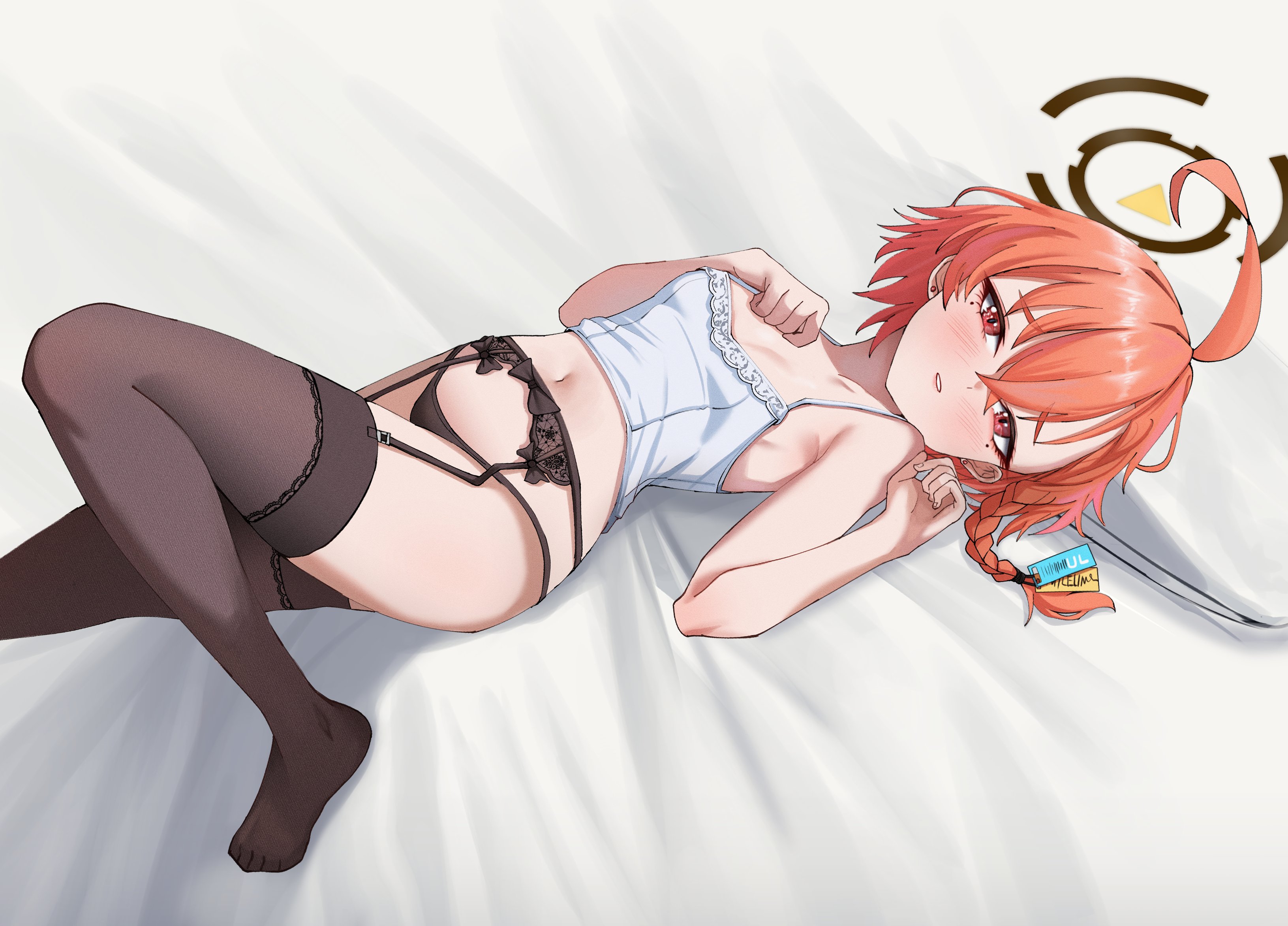 taeman, neru (blue archive), blue archive, absurdres, highres, 1girl, ahoge, black garter belt, braid, breasts, camisole, garter belt, garter straps, halo, huge ahoge, lace, lace-trimmed thighhighs, lace trim, mole, mole under each eye, mole under eye, multiple moles, open mouth, orange hair, red eyes, short hair, single braid, small breasts, thighhighs, underwear, underwear only, white camisole