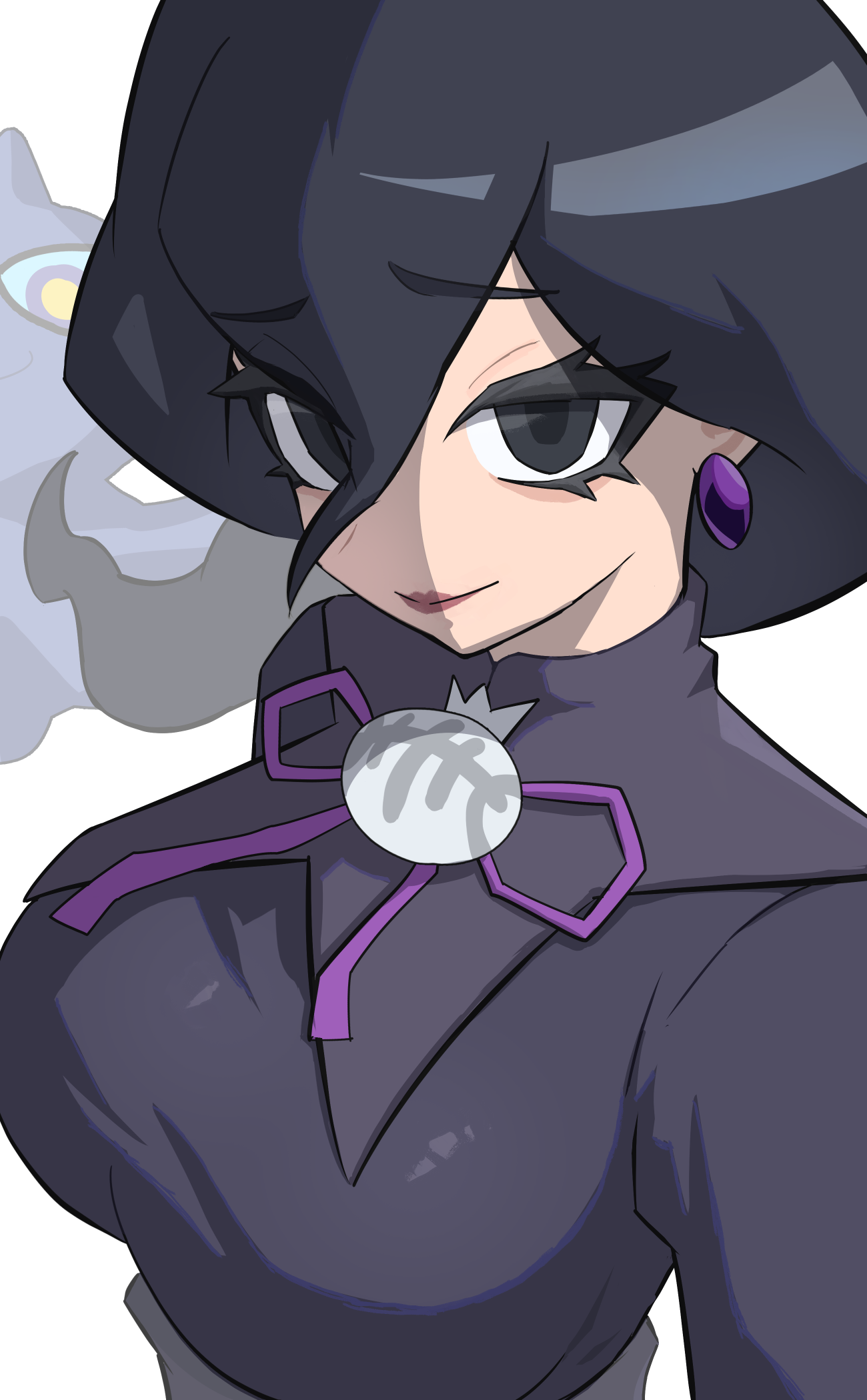 niisan2023, chandelure, hex maniac (pokemon legends: z-a), nintendo, pokemon, pokemon legends: z-a, highres, 1girl, black dress, black eyes, black hair, closed mouth, dress, earrings, gen 5 pokemon, jewelry, looking at viewer, pokemon (creature), short hair, single earring, smile, solo, white background