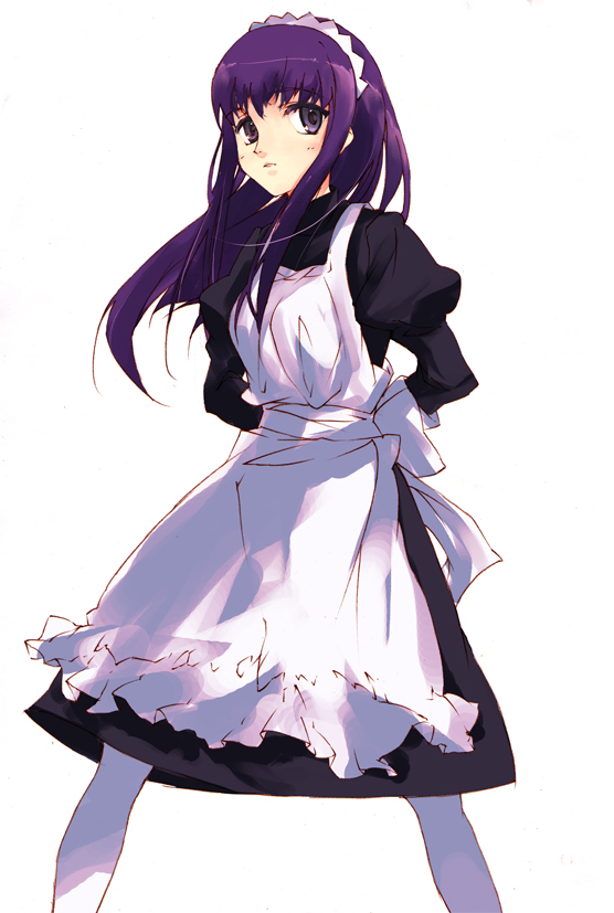 kitano yuusuke, malariya, quiz magic academy, long hair, maid, pantyhose, purple eyes, purple hair, solo