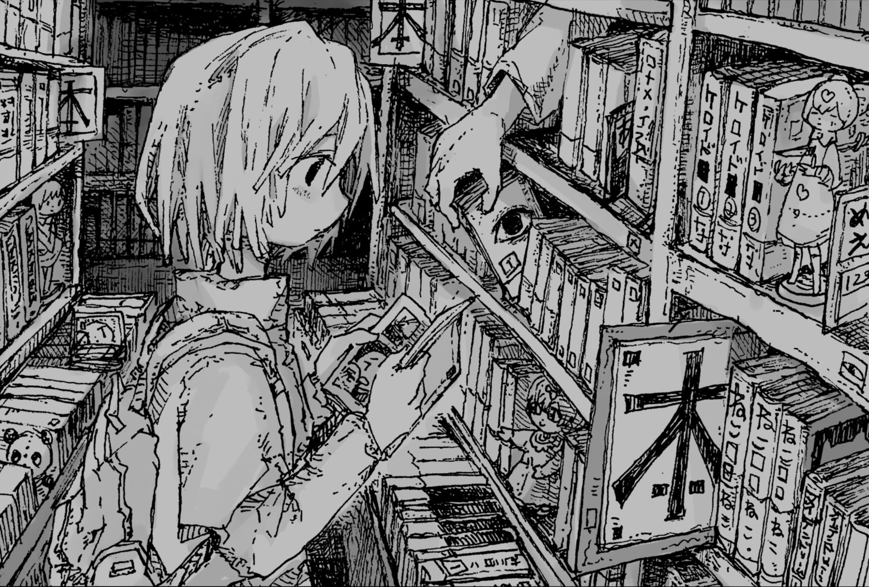 original, highres, 1girl, backpack, bag, book, bookshelf, crosshatching, disembodied hand, expressionless, figure, from side, greyscale, hatching (texture), holding, holding manga, honezuki, indoors, jacket, layered sleeves, library, long sleeves, manga (object), monochrome, profile, reading, short-sleeved jacket, short over long sleeves, short sleeves