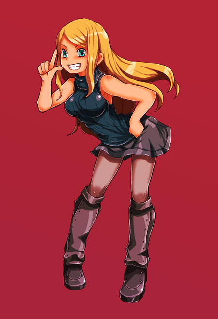 kara (color), paladin (sekaiju), paladin 2 (sekaiju), atlus, etrian odyssey, 1girl, aqua eyes, blonde hair, boots, female focus, full body, grin, pantyhose, red background, simple background, skirt, sleeveless, sleeveless turtleneck, smile, solo, standing, turtleneck