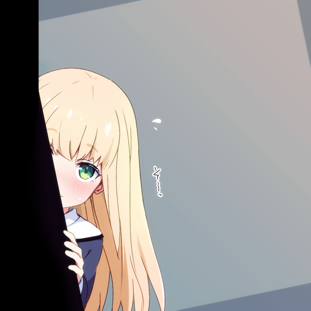 ko pot-au-feu, baselard, frame arms girl, 1girl, blonde hair, blush, flying sweatdrops, green eyes, leaning to the side, long hair, looking at viewer, peeking out, shy, solo, sweatdrop