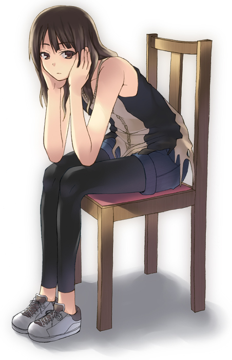 shouhei, original, 1girl, chair, denim, denim shorts, female focus, full body, head rest, shorts, solo