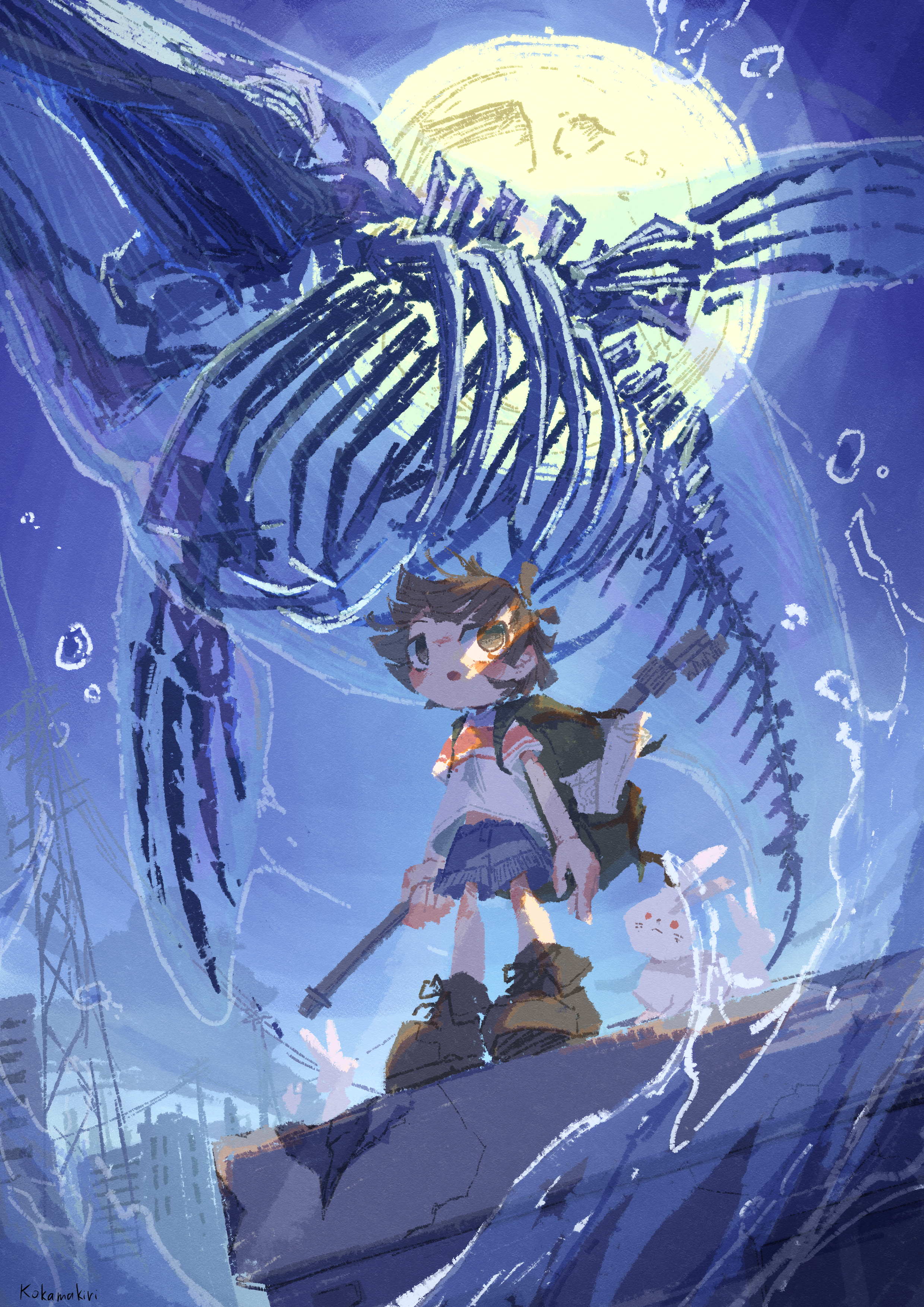 kokamakiri, original, absurdres, commentary request, highres, 1girl, :o, animal skeleton, backpack, bag, black hair, blue sky, blush stickers, boots, brown boots, building, city, flying whale, full body, full moon, holding, holding lead pipe, lead pipe, moon, moonlight, night, on roof, power lines, rabbit, shirt, short hair, short sleeves, signature, sky, solo, standing, transmission tower, water, whale