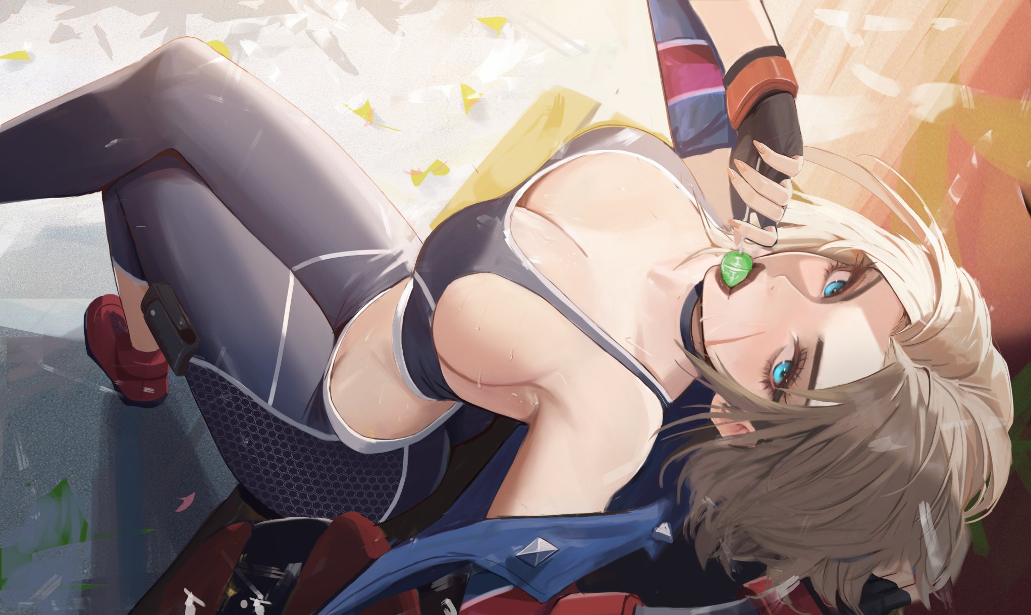 neo (neorarty3), cammy white, street fighter, street fighter 6, commentary, highres, revision, 1girl, alternate breast size (larger), ass, black gloves, black pants, black sports bra, blonde hair, blue eyes, blue jacket, breasts, candy, cleavage, cropped jacket, crossed legs, fingerless gloves, food, food in mouth, from above, gloves, holding, holding candy, holding food, holding lollipop, jacket, large breasts, lips, lollipop, looking at viewer, off shoulder, pants, red shoes, scar, scar on face, shoes, short hair, sitting, solo, sports bra, yoga pants