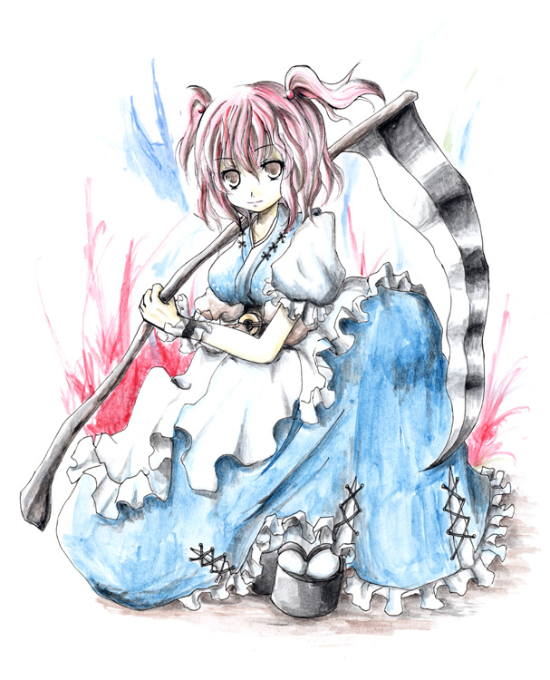kurona, onozuka komachi, touhou, painting (medium), traditional media, watercolor (medium), 1girl, female focus, full body, red hair, scythe, solo, white background