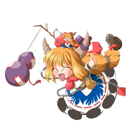chamupei, ibuki suika, touhou, lowres, 2girls, chibi, fang, female focus, full body, horns, mini person, minigirl, multiple girls, running, simple background, solo, white background