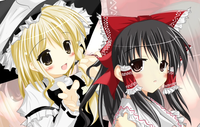 t (dyuhuhudyukusi), hakurei reimu, kirisame marisa, touhou, bad id, bad pixiv id, 2girls, black hair, blonde hair, female focus, hat, japanese clothes, long hair, miko, multiple girls, ribbon